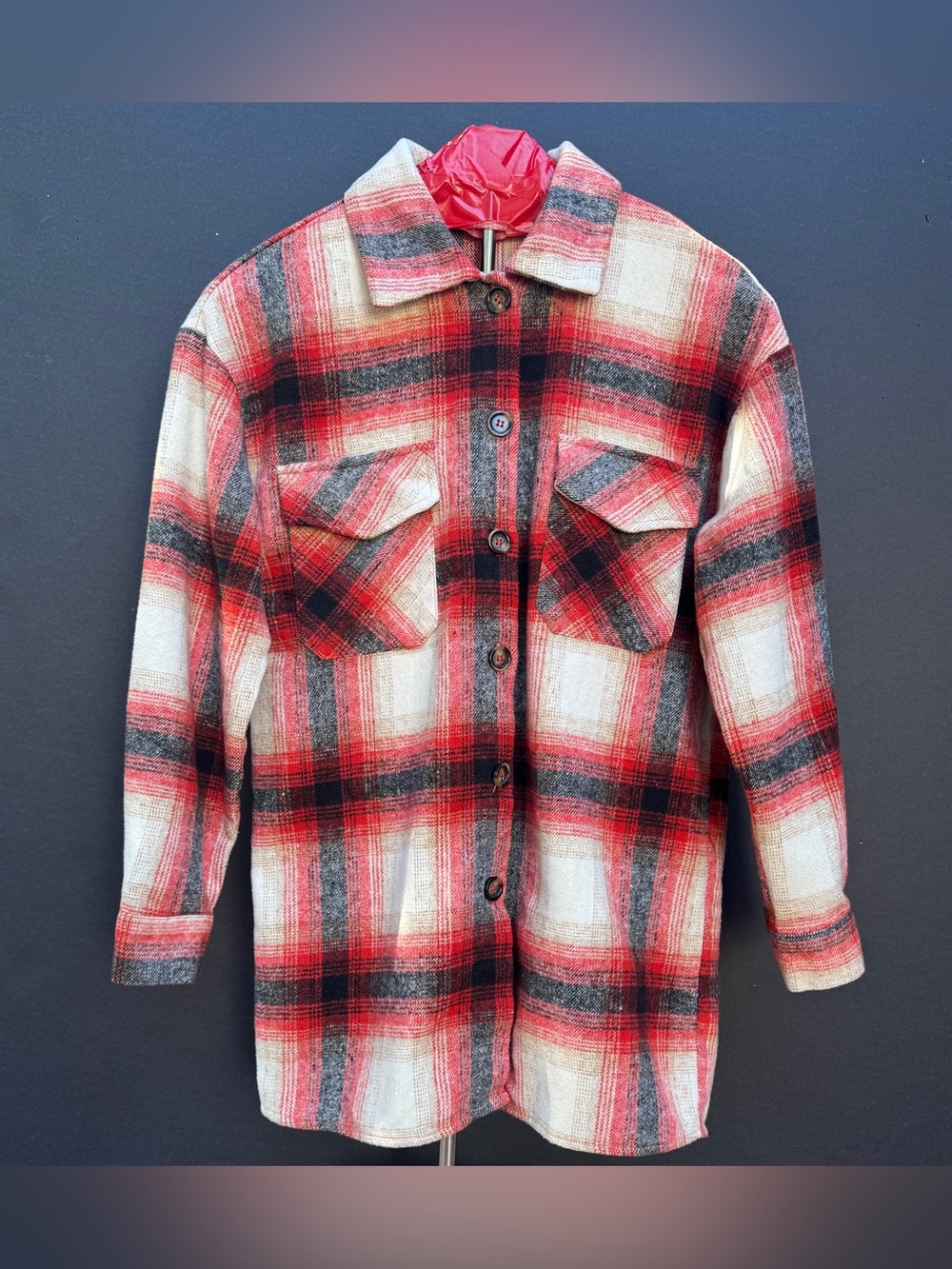 PrettyGarden Women’s Red Cream Black Plaid Button-Front Shacket Small